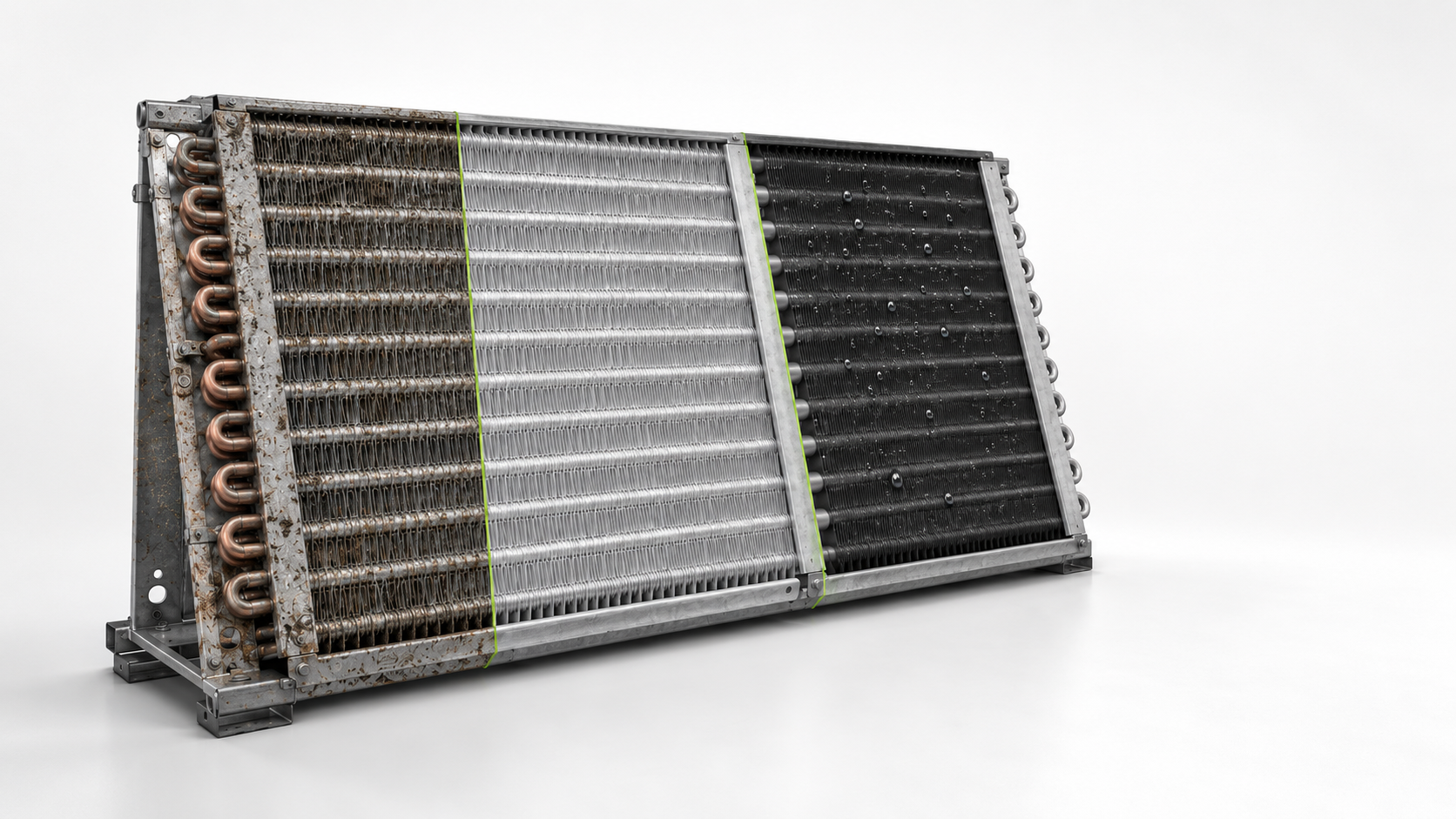 HVAC-R heat exchanger coil shown untreated, prepared and coated with THERMAL-XR ENHANCE