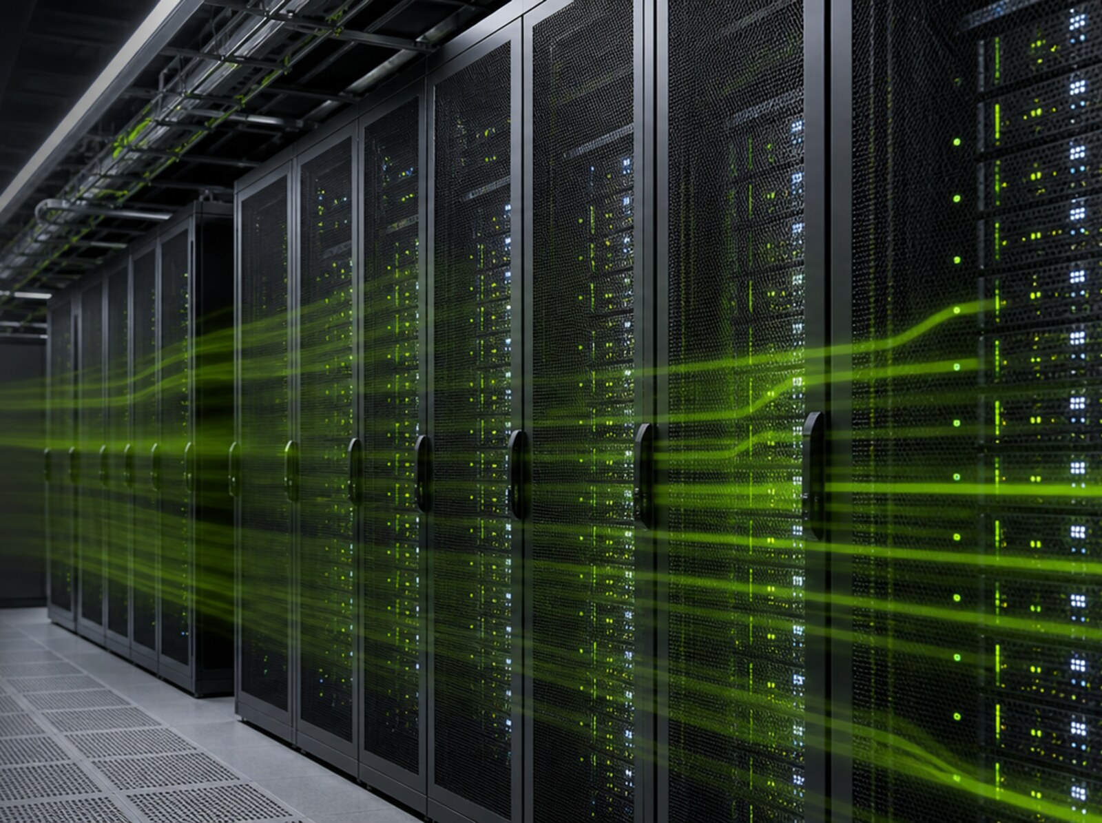 Data centre server racks with green cooling airflow visualization