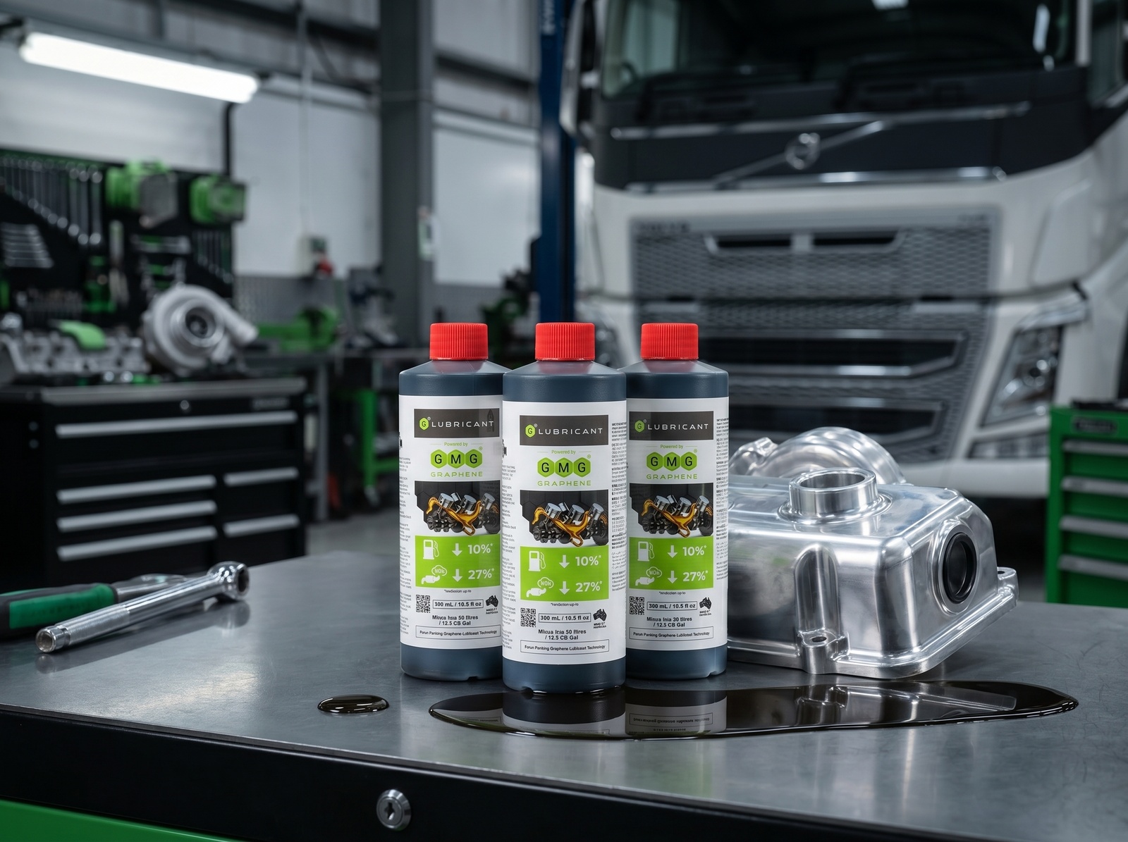 G® LUBRICANT bottles shown in a clean workshop environment