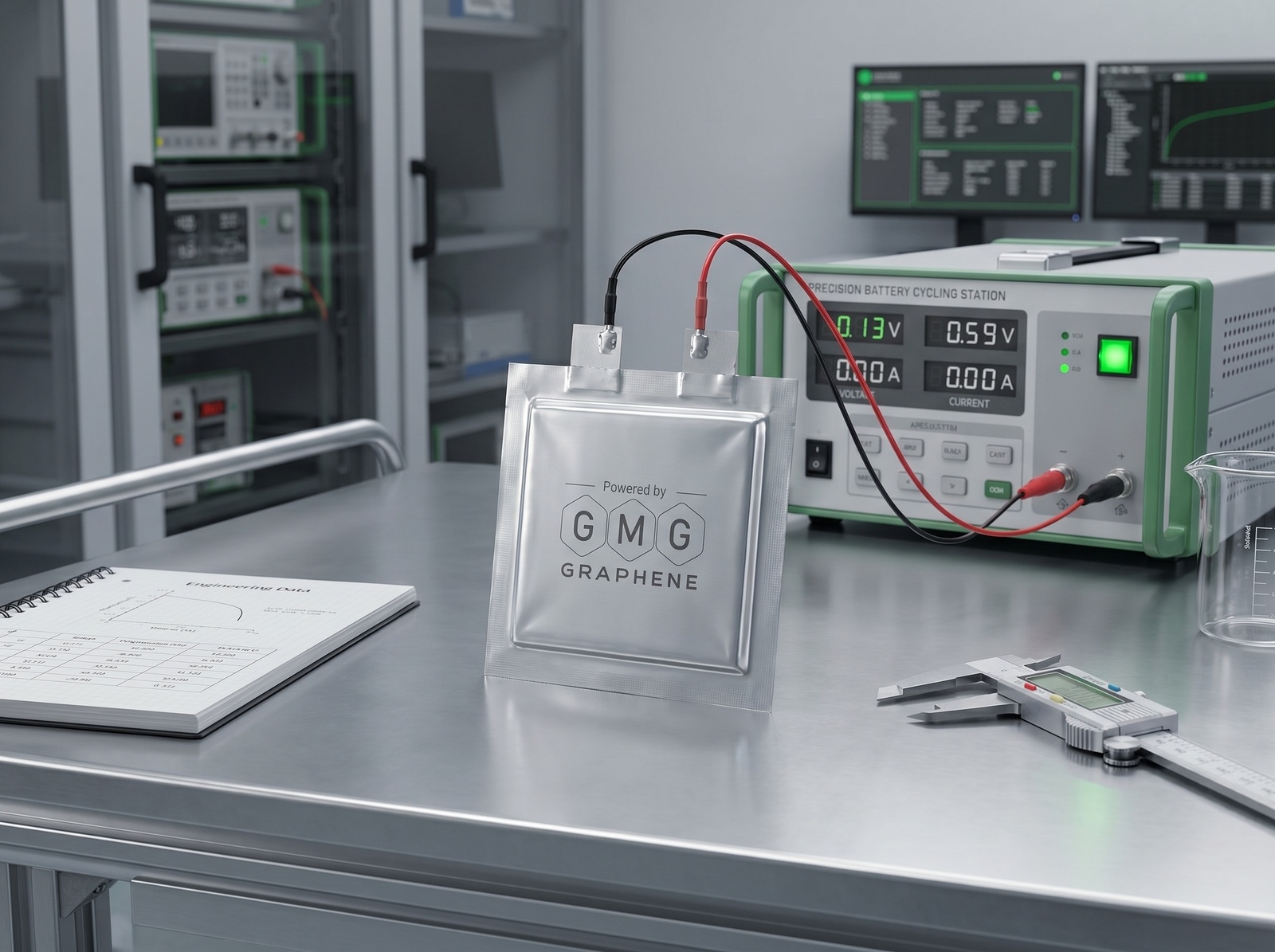 G™ CELLS pouch cell shown on a test bench